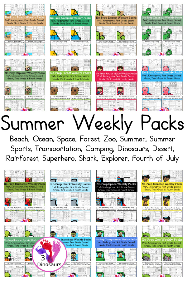 No-Prep Weekly Packs for the Summer for Prek to 4th Grade on 3Dinosaurs.com