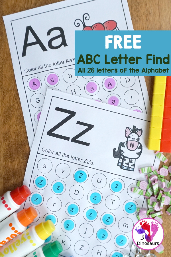 Free ABC Letter Find Printable - all 26 letters of the alphabet for dot markers of bingo daubers with uppercase and lowercase letters in the same find - 3Dinosaurs.com