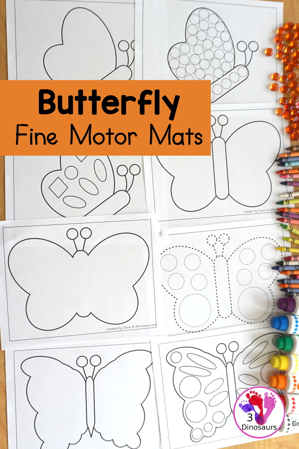 Free Butterfly Fine Motor Mats - has 18 templates for you to use with a butterfly theme. You have 9 templates, 6 tracing and 3 dot marker butterflies for kids to use in fine motor centers. - 3Dinosaurs.com