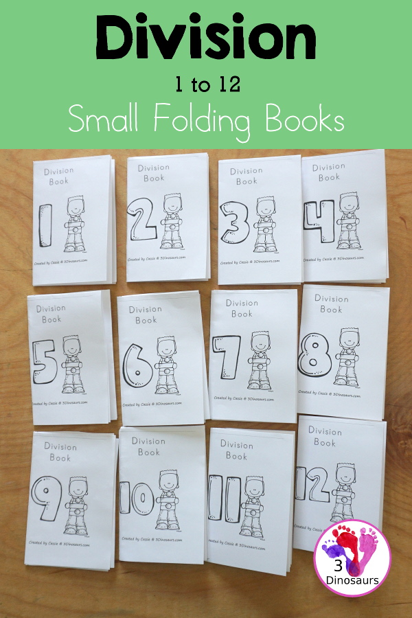 Free Division Small Folding Books 2 different types of book options with division from 1 to 12 with write in answers and filled out books - 3Dinosaurs.com