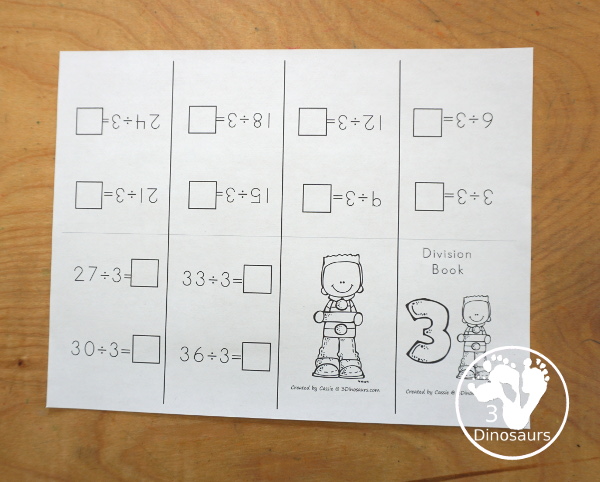 Free Division Small Folding Books 2 different types of book options with division from 1 to 12 with write in answers and filled out books - 3Dinosaurs.com