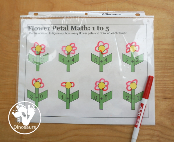 Free Flower Petal Counting & Math Printable - counting pages from 1 to 10 and addition pages working on addition up to 10. Easy with color and black and white options. - 3Dinosaurs.com