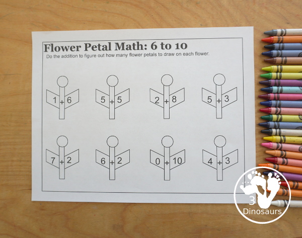 Free Flower Petal Counting & Math Printable - counting pages from 1 to 10 and addition pages working on addition up to 10. Easy with color and black and white options. - 3Dinosaurs.com