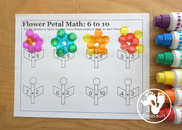 Free Flower Petal Counting & Math Printable - counting pages from 1 to 10 and addition pages working on addition up to 10. Easy with color and black and white options. - 3Dinosaurs.com