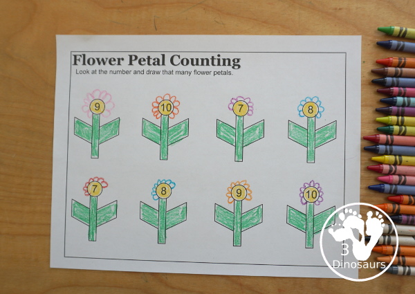Free Flower Petal Counting & Math Printable - counting pages from 1 to 10 and addition pages working on addition up to 10. Easy with color and black and white options. - 3Dinosaurs.com