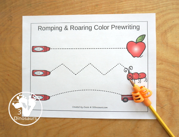 Free Romping & Roaring Color Pack Red - prewriting color red page - 3Dinosaurs.com