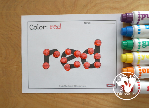 Free Romping & Roaring Color Pack Red - dot marker red word - 3Dinosaurs.com