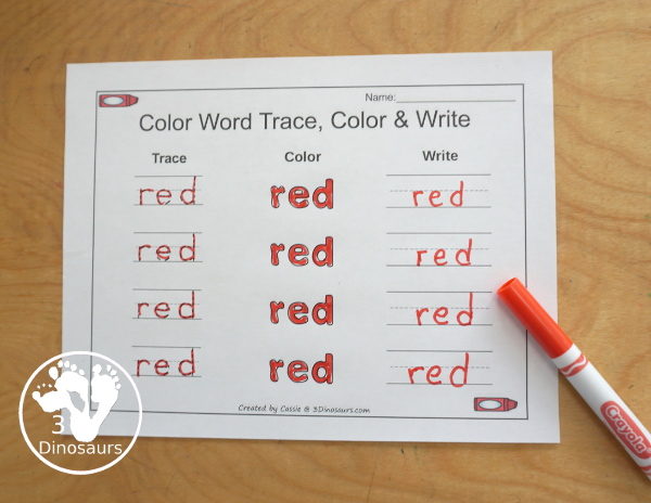 Free Romping & Roaring Color Pack Red - prewriting color red page - 3Dinosaurs.com