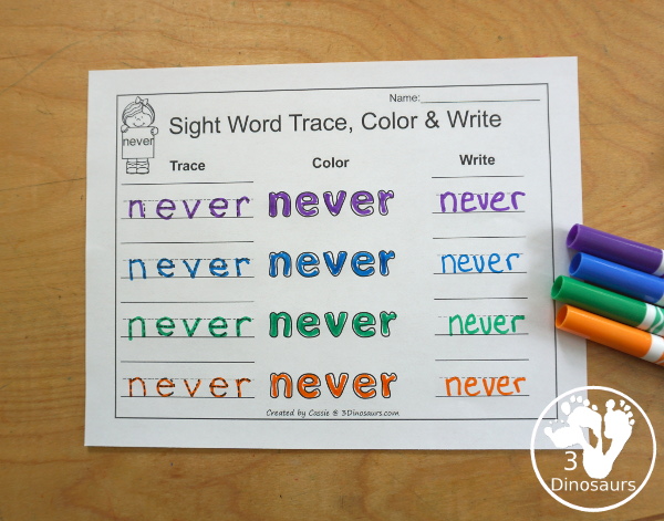 Free Romping & Roaring Third Grade Sight Words Packs Set 7: Much, Myself, Never, Only - trace, color and write the sight words is a great handwriting worksheet for kids - 3Dinosaurs.com