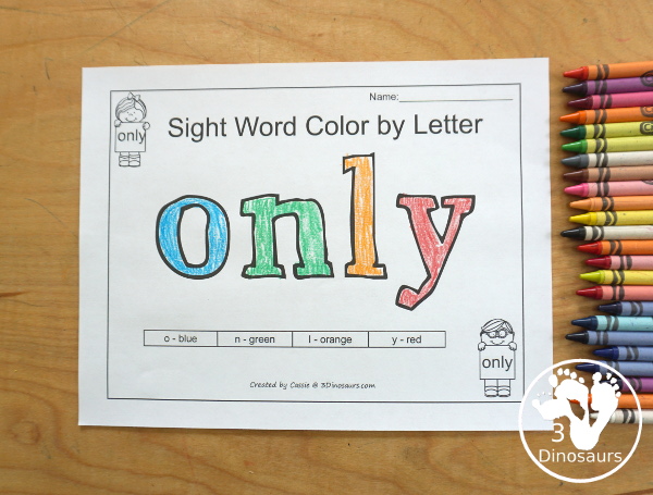 Free Romping & Roaring Third Grade Sight Words Packs Set 7: Much, Myself, Never, Only - color by letter worksheet for kids - 3Dinosaurs.com