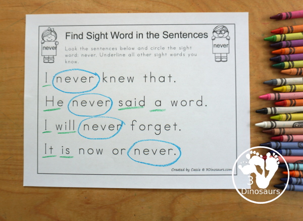Free Romping & Roaring Third Grade Sight Words Packs Set 7: Much, Myself, Never, Only - has kids find the sight word in a sentence- 3Dinosaurs.com