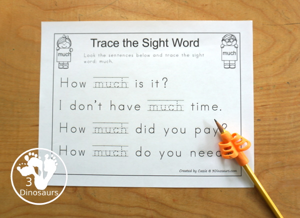 Free Romping & Roaring Third Grade Sight Words Packs Set 7: Much, Myself, Never, Only - has kids trace the sight word in a sentence. So they can see it being used and then trace the word and even work on reading the sentence. - 3Dinosaurs.com