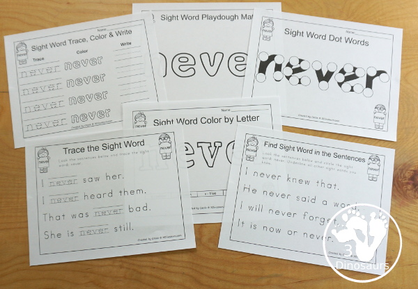 Free Romping & Roaring Third Grade Sight Words Packs Set 7: Never - 6 pages of activities for sight word never. These are great sight word printables for learning centers - 3Dinosaurs.com