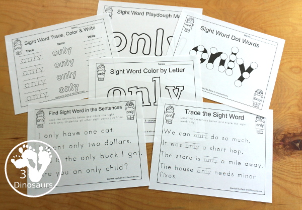 Free Romping & Roaring Third Grade Sight Words Packs Set 7: Only - 6 pages of activities for sight word only. These are great sight word printables for learning centers - 3Dinosaurs.com