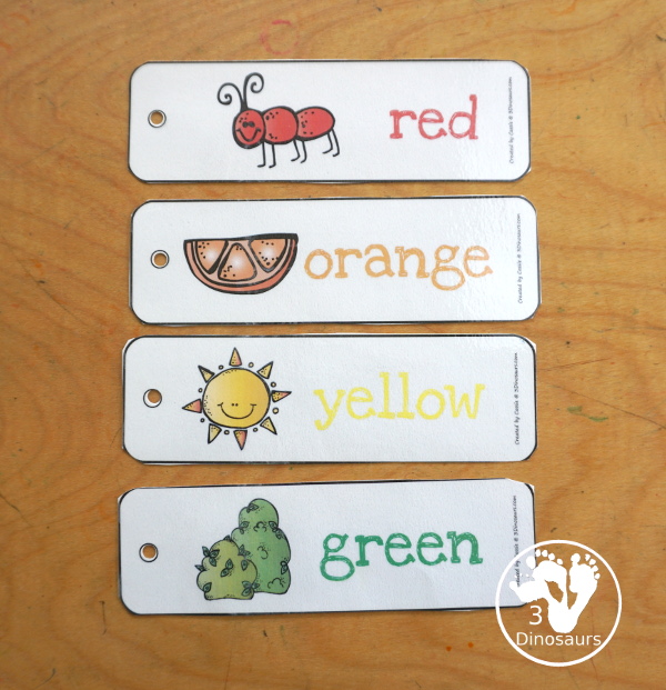 Free Color Bookmarks - you have a picture of the color and the color word in the same color as well. The bookmarks are horizontal for pictures and images. You have 11 color bookmarks. - 3Dinosaurs.com