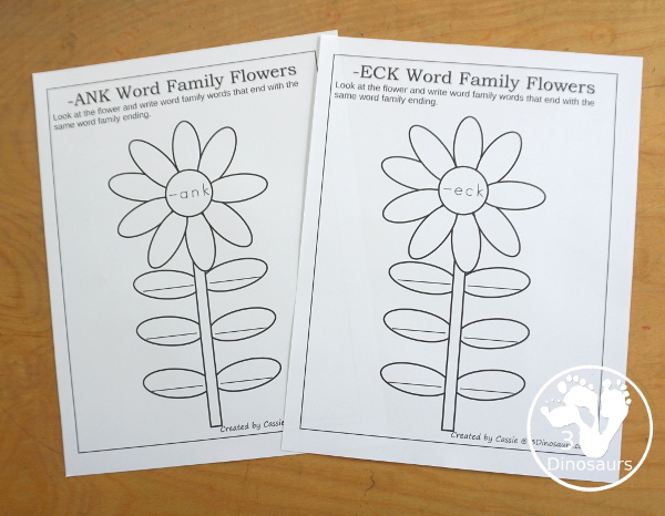 Free CVC & CVCC Word Family Writing Flowers - You have flowers with a word ending for CVC and CVCC words and then you have leaves on the stem for writing words. A simple spring word family writing activity for kids in kindergarten and first grade. - 3Dinosaurs.com