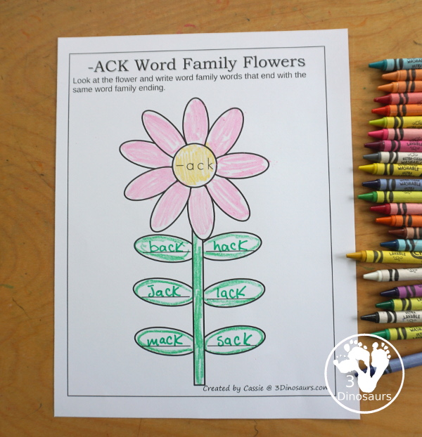 Free CVC & CVCC Word Family Writing Flowers - You have flowers with a word ending for CVC and CVCC words and then you have leaves on the stem for writing words. A simple spring word family writing activity for kids in kindergarten and first grade. - 3Dinosaurs.com