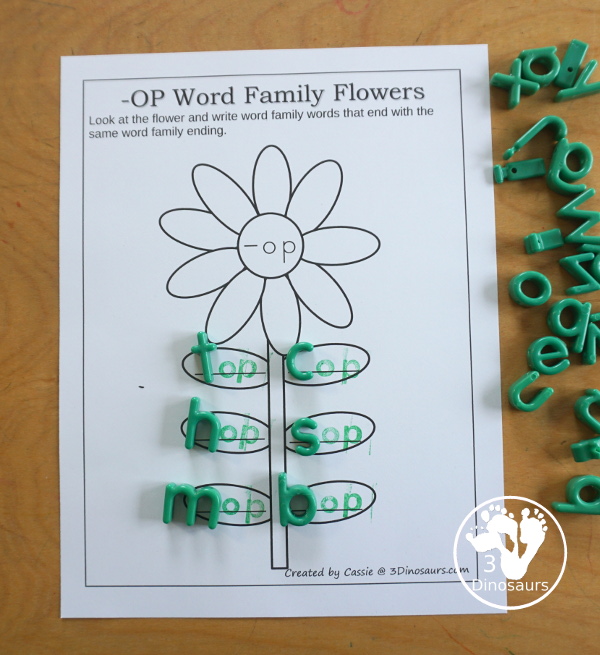 Free CVC & CVCC Word Family Writing Flowers - You have flowers with a word ending for CVC and CVCC words and then you have leaves on the stem for writing words. A simple spring word family writing activity for kids in kindergarten and first grade. - 3Dinosaurs.com