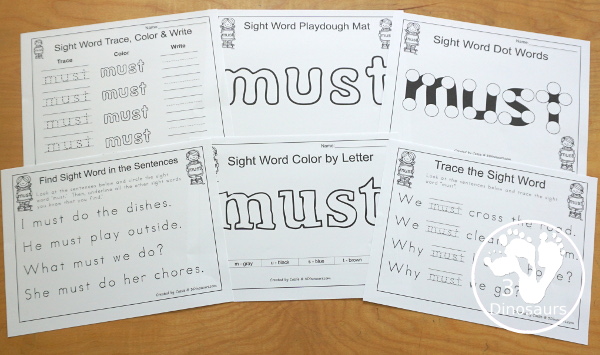 Free Romping & Roaring Primer Sight Words: Must, New, No, Now. You have six pages of printables for each sight word. You have reading, sight word playdough mats, sigh word handwriting, sight word dot marker words, and more - 3Dinosaurs.com