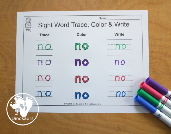 Free Romping & Roaring Primer Sight Words: Must, New, No, Now. You have six pages of printables for each sight word. You have reading, sight word playdough mats, sigh word handwriting, sight word dot marker words, and more - 3Dinosaurs.com