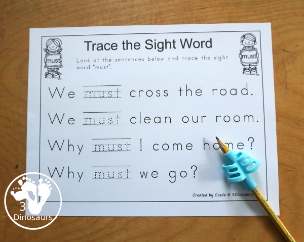 Free Romping & Roaring Primer Sight Words: Must, New, No, Now. You have six pages of printables for each sight word. You have reading, sight word playdough mats, sigh word handwriting, sight word dot marker words, and more - 3Dinosaurs.com