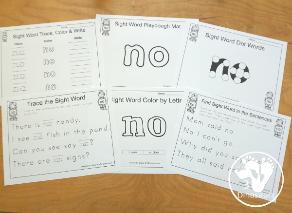 Free Romping & Roaring Primer Sight Words: Must, New, No, Now. You have six pages of printables for each sight word. You have reading, sight word playdough mats, sigh word handwriting, sight word dot marker words, and more - 3Dinosaurs.com