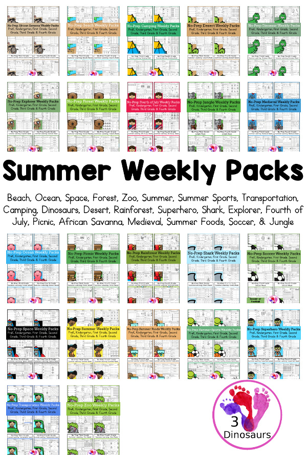 No-Prep Weekly Packs for the Summer for Prek to 4th Grade - You have Ocean, Beach, Zoo, Forest, Space, Summer, Summer Sports, Dinosaurs, Transportation, Camping, Explorer, Superhero, Shark, Desert, Rain Forest, Fourth of July, Summer Foods, Picnic, Medieval, Soccer, Jungle, and African Savanna. You have 4 pages of printables for 5 days for each week. You have prek, kindergarten, first grade, second grade, third grade, and fourth grade in these weekly packs - 3Dinosaurs.com