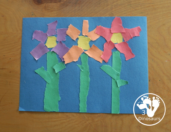 Torn Paper Flowers - a fun torn paper craft that kids can do with glue and construction paper. A simple flower craft for kids in preschool and prek. 3Dinosaurs.com