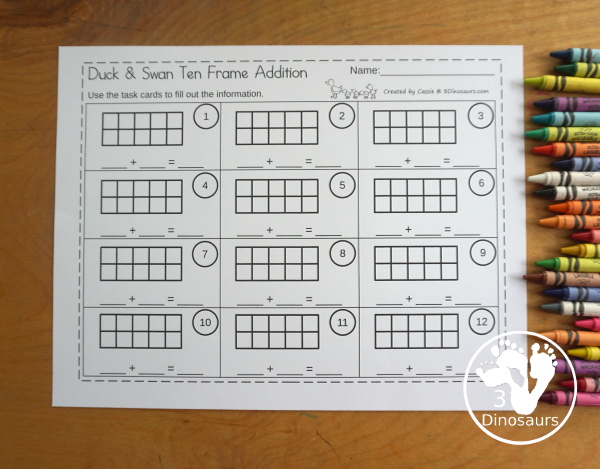 Free Ugly Duckling Ten Frame Addition 1 to 10 with part of ten frame filled out and partly filled out with a recording sheet that can be used the ten frame addition cards - 3Dinosaurs.com