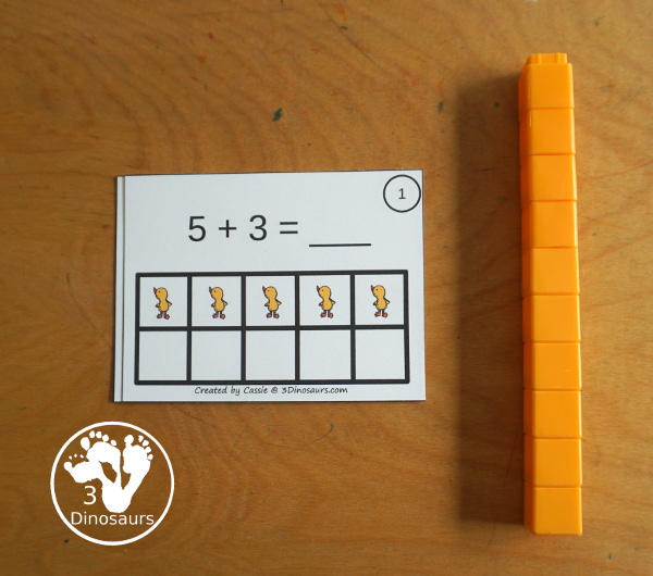 Free Ugly Duckling Ten Frame Addition 1 to 10 with part of ten frame filled out and partly filled out with a recording sheet that can be used the ten frame addition cards - 3Dinosaurs.com