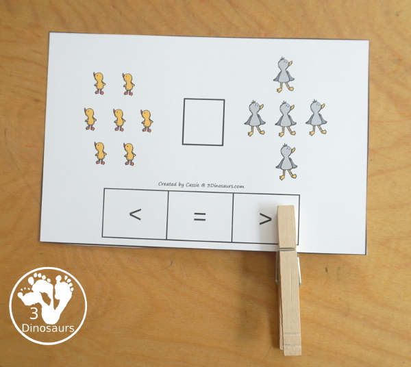 Free Duck & Swan Greater Than & Less Than Clip Card Printables - you have 10 clip cards that work on comparing numbers. You count the ducks and swans and then clip the correct symbol to compare the numbers. - 3Dinosaurs.com