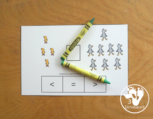 Free Duck & Swan Greater Than & Less Than Clip Card Printables - you have 10 clip cards that work on comparing numbers. You count the ducks and swans and then clip the correct symbol to compare the numbers. - 3Dinosaurs.com