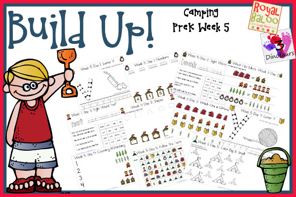 Build Up Summer Learning: Week 5 Camping - 
 You are going to find: Alphabet: V, W, X, Y Z; Sight Words: and, look, not, three, we; Number review, Shapes review, and an extra learning page for each day. - 3Dinosaurs.com