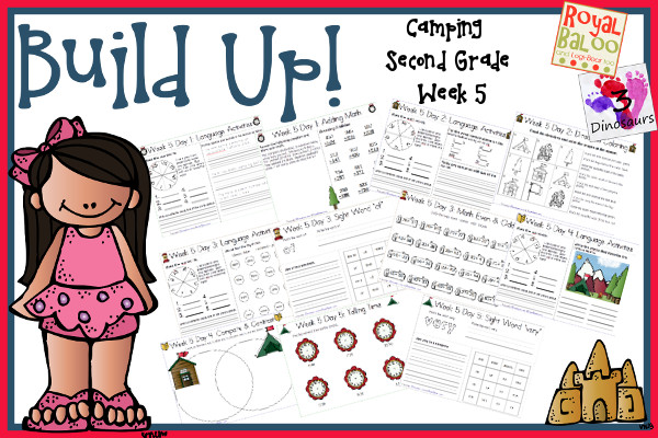 Build Up Summer Learning: Week 5 Camping - 
 -You are going to find: Sight Words: found, many, of, their, very; Word Family:  -ow ,  eath, -ew, -ue -oe; Math and Language 3Dinosaurs.com