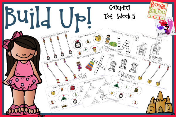 Build Up Summer Learning: Week 5 Camping - You are going to find: Prewriting, Alphabet: V, W, X, Y Z; Shapes: circle, square, triangle, oval & rectangle; Nubmers: 1, 2, 3, 4, 5.  -  3Dinosaurs.com