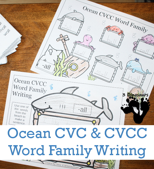 Free Ocean Themed CVC & CVCC Word Family Writing - over 100 pages of printables with building words and writing sentences about each of the words. A fun way to review CVC and CVCC words for the summer or during an ocean theme.- 3Dinosaurs.com