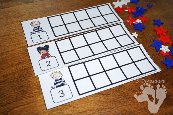 Free Fourth of July Ten Frame Cards - two different types of cards to use with red and blue stars - 3Dinosaurs.com