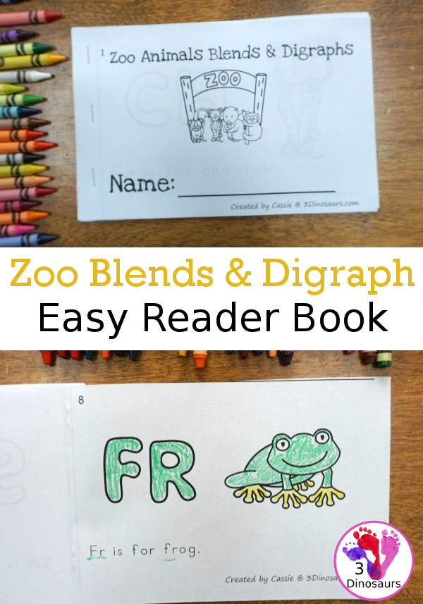 Free Zoo Blends & Digraph Easy Reader Book - 8 page book with animal themed blends and digraph words- 3Dinosaurs.com