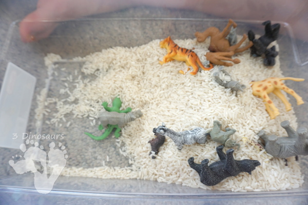 Zoo Theme Rice Sensory Bin - an easy to put together sensory bin that kids can use.  - 3Dinosaurs.com 