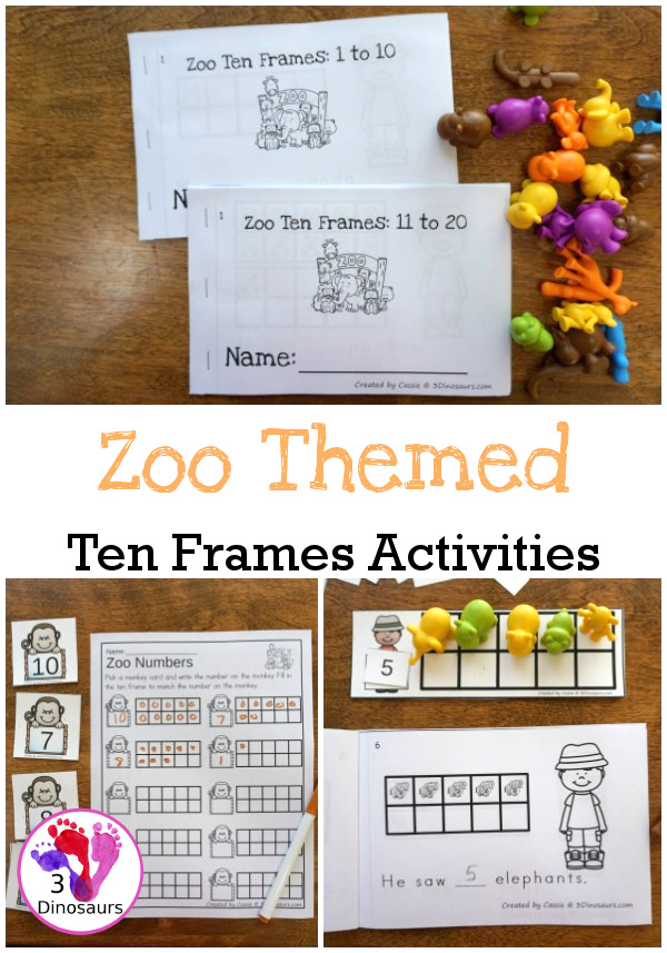 Zoo Themed Ten Frame Printables: No-Prep & Hands-On - 168 pages of printables working on ten frame activities for numbers 1 to 20 with hands-on and no-prep: cards, worksheets and easy reader books - 3Dinosaurs.com #handsonmath #teacherspayteachers #tenframe #summerprintablesforkids #printablesforkids