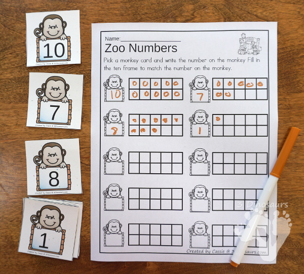 Zoo Themed Ten Frame Printables: No-Prep & Hands-On - 168 pages of printables working on ten frame activities for numbers 1 to 20 with hands-on and no-prep: cards, worksheets and easy reader books - 3Dinosaurs.com #handsonmath #teacherspayteachers #tenframe #summerprintablesforkids #printablesforkids