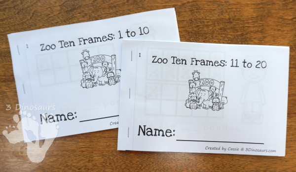 Zoo Themed Ten Frame Printables: No-Prep & Hands-On - 168 pages of printables working on ten frame activities for numbers 1 to 20 with hands-on and no-prep: cards, worksheets and easy reader books - 3Dinosaurs.com #handsonmath #teacherspayteachers #tenframe #summerprintablesforkids #printablesforkids