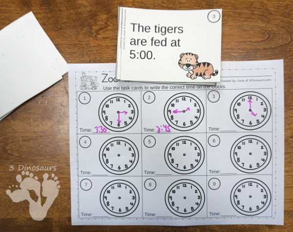 Free Zoo Themed Time Task Cards - two level of learning with clocks with at fun zoo theme - 3Dinosaurs.com