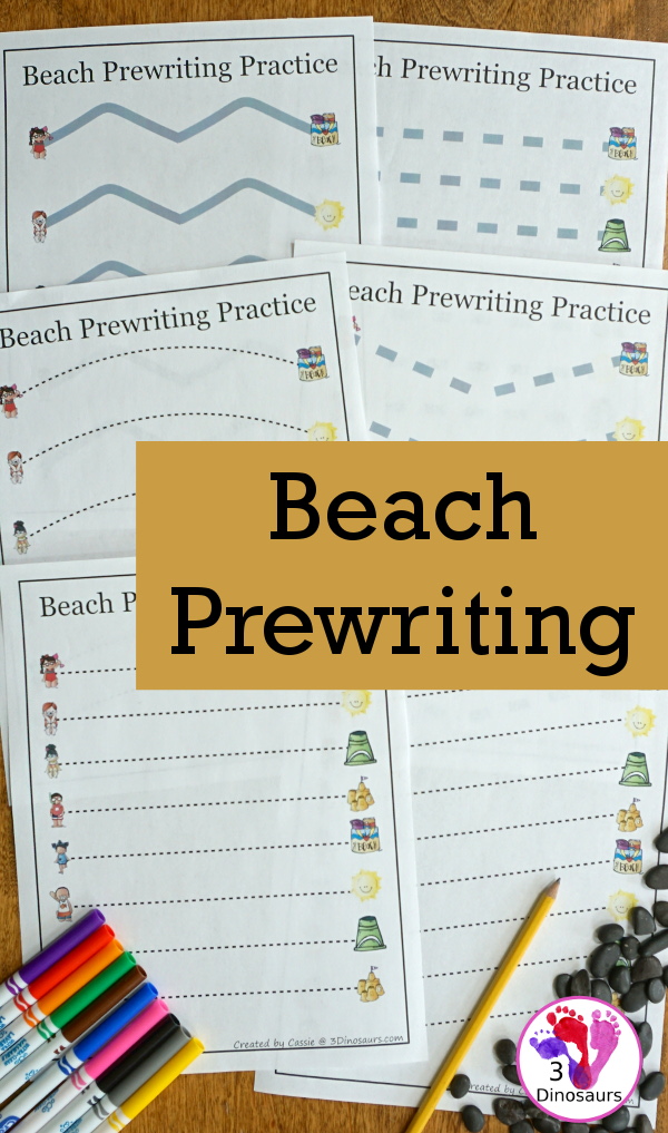Free Handwriting Fun With Beach Themed Prewriting - 28 pages of free beach theme prewriting with two levels of lines for kids to trace - 3Dinosaurs.com #freeprintable #prewriting #3dinosaurs
