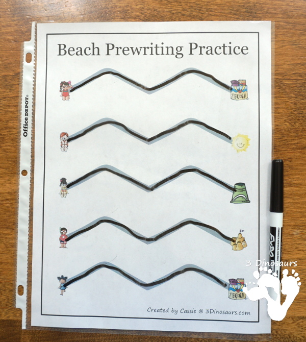 Free Handwriting Fun With Beach Themed Prewriting - 28 pages of free beach theme prewriting with two levels of lines for kids to trace - 3Dinosaurs.com #freeprintable #prewriting #3dinosaurs