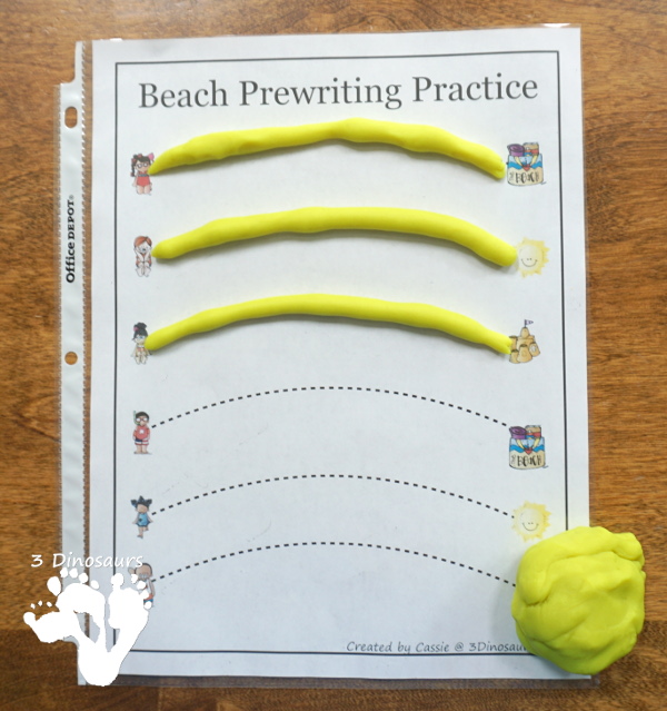 Free Handwriting Fun With Beach Themed Prewriting - 28 pages of free beach theme prewriting with two levels of lines for kids to trace - 3Dinosaurs.com #freeprintable #prewriting #3dinosaurs