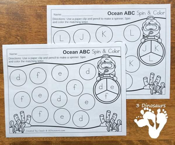 Free Ocean Themed ABC Spin & Color - uppercase and lowercase options with 3 letters per page - #freeprintable #abcs  #3dinosaurs