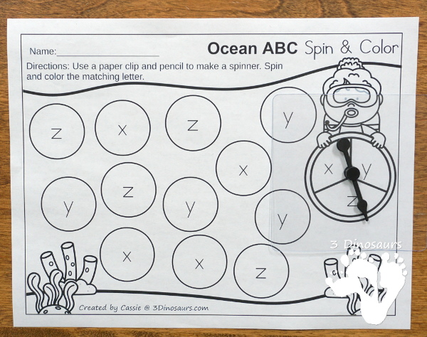 Free Ocean Themed ABC Spin & Color - uppercase and lowercase options with 3 letters per page - #freeprintable #abcs  #3dinosaurs