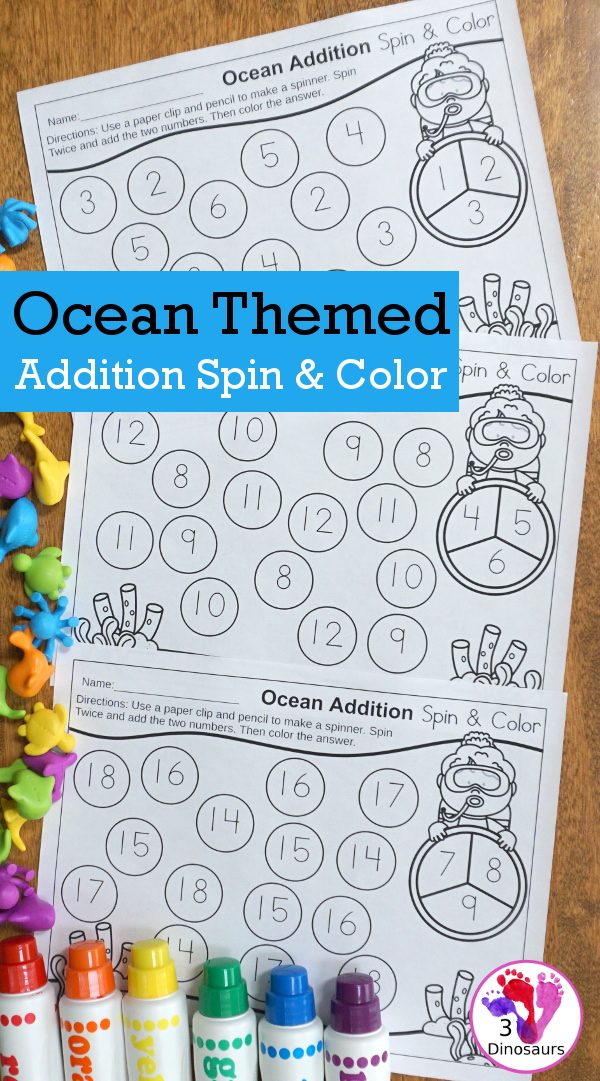 Free Ocean Themed ABC Spin & Color - uppercase and lowercase options with 3 letters per page - #freeprintable #mathprintable #addition  #3dinosaurs