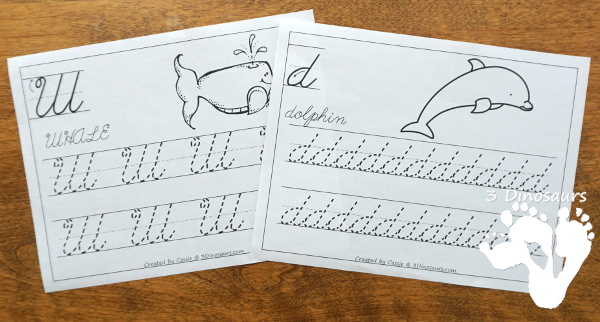 Free Ocean Animals Letter Tracing Print & Cursive - one letter per page with 6 letters in the set all with ocean animals themes in uppercase and lowercase for both print and cursive - #freeprintable #abcs #3dinosaurs